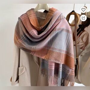 Cashmere “like” NIP large plaid scarf with fringe. Pink, greys, blues. Stunning